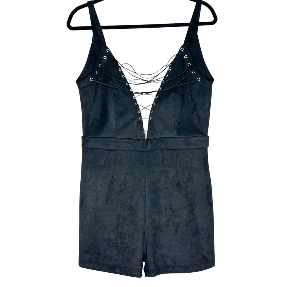 Maniere De Voir Black Faux Suede Lace Up Romper Festival Party Outfit Whimsigoth